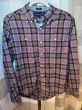 Tommy Hilfiger Men's Brown, Blue & Red Plaid Button-Down Shirt